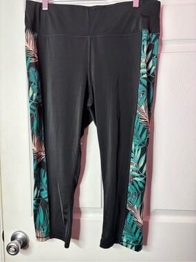 Cacique Black Swim Coverup Leggings with Teal and Blush Tropical Panels